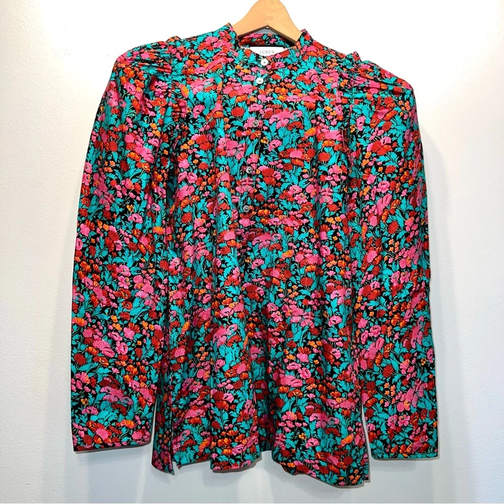 Re-Imagined J Crew Floral Cotton Poplin Ruffle Top Blouse Size XS Button Up - Picture 1 of 8